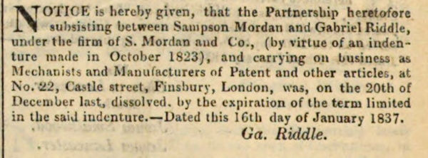 partnership between Riddle and Mordan terminated