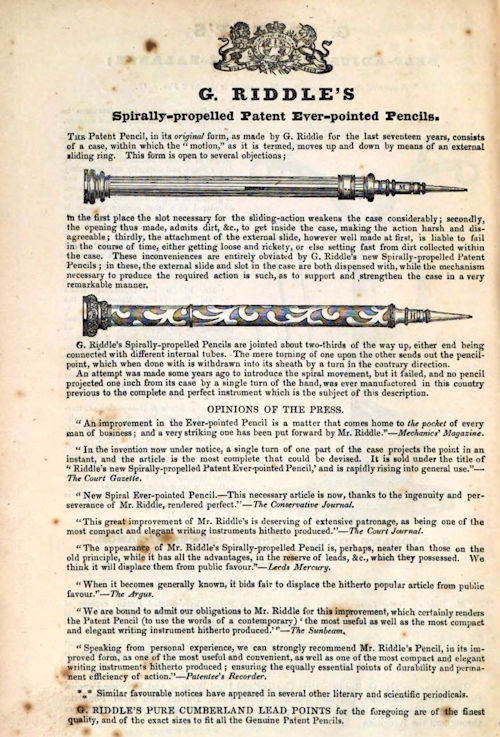 Riddle's spirally-propelled Patent Ever-pointed Pencils