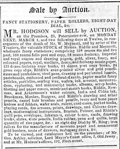 sale by auction of the stock of Riddle & Meymott