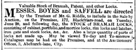 announcement of auction of the stock of all kinds of locks, including Bramah locks
