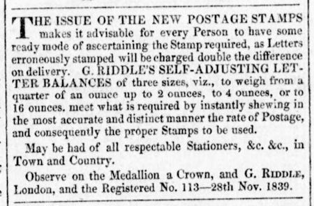 advertisement for Riddle's self-adjusting letter balances