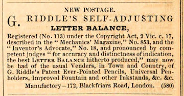 advert Riddle's self-adjusting letter balance